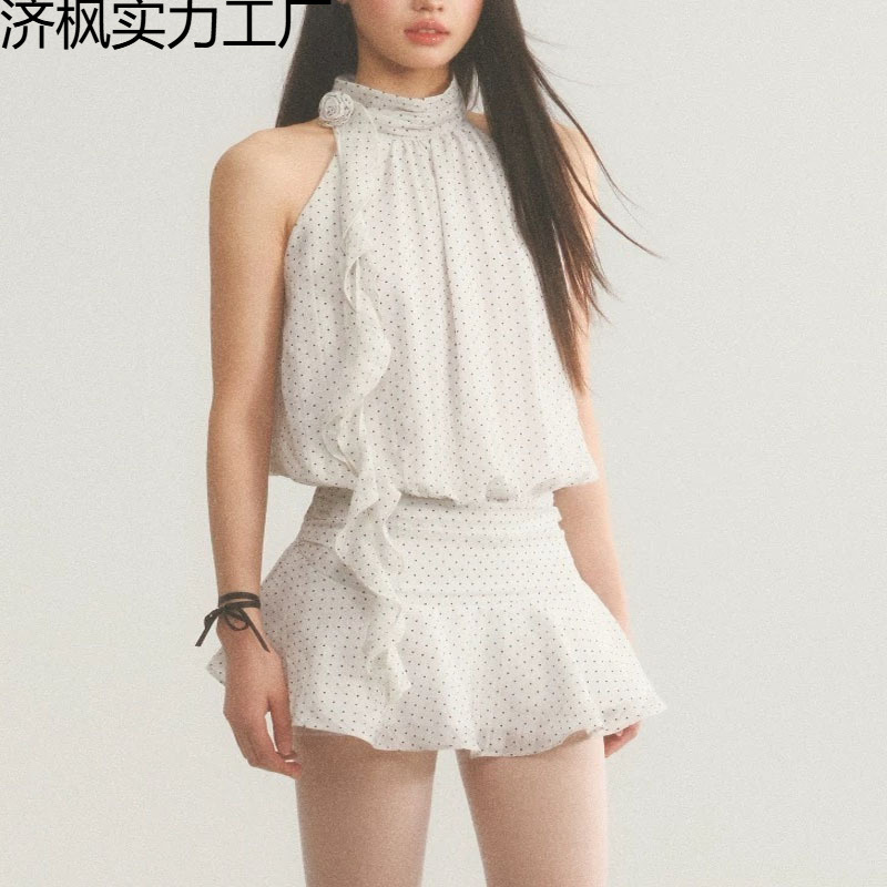 フレンチピュアデザイアケーキスカートホルターネックドレス女性の夏のノースリーブショートスカートホットガールデザイン気質水玉スカート|undefined