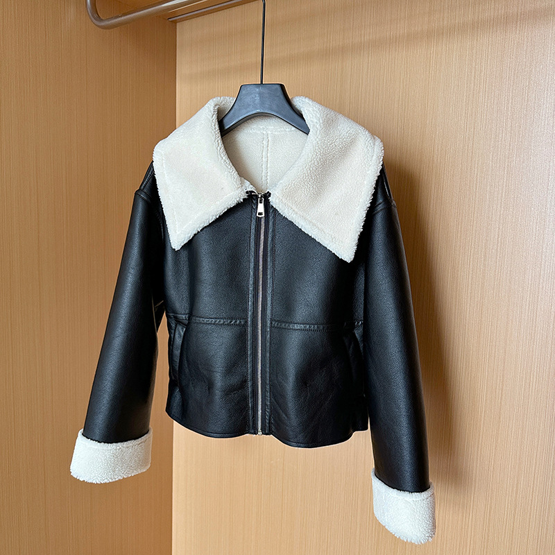 Women's Clothing High end atmospheric leather jacket for women, short loose motorcycle jacket, autumn style, stylish lamb fur all in one_voghion.com