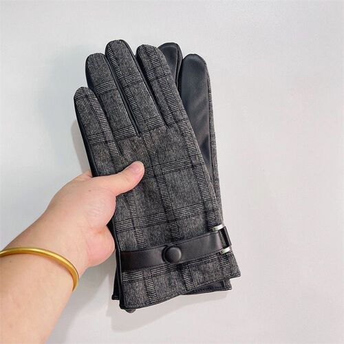 British classic check leather patchwork men's winter warm anti-cold lined thick cycling electric bike gloves