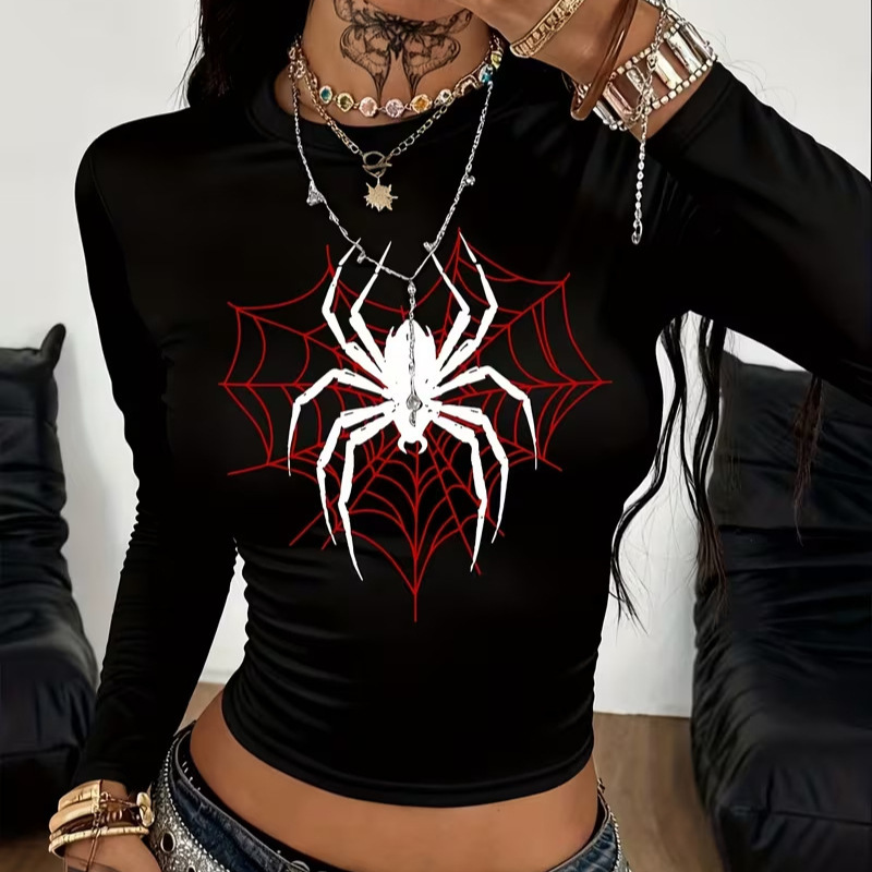 European and American Cross-Border Y2K New Style American-Style Spider Print Slim-Fit Crop Top Long-Sleeve Women's Crop Top T-Shirt