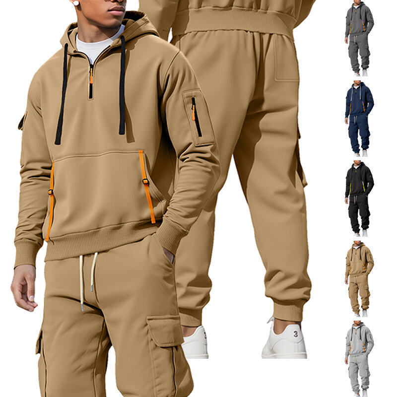 Cross-Border New Autumn and Winter Men's Fleece Sweatshirt Fashion Hoodie with Zipper and Multiple Pockets Carhartt Workwear Pants Set