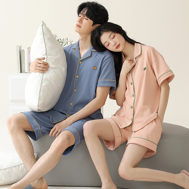 Pajamas de pareja simple mujeres verano 2024 nuevo delgado pantalones cortos de mangas cortas con solapa de algodón para hombres set de ropa de hogar
