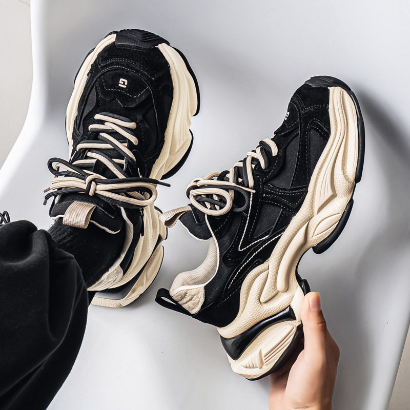 Giày sneaker nam phong cách giày bố đế lốp, da nhân tạo, gót 3–5 cm — màu vàng, màu xám đen, đen