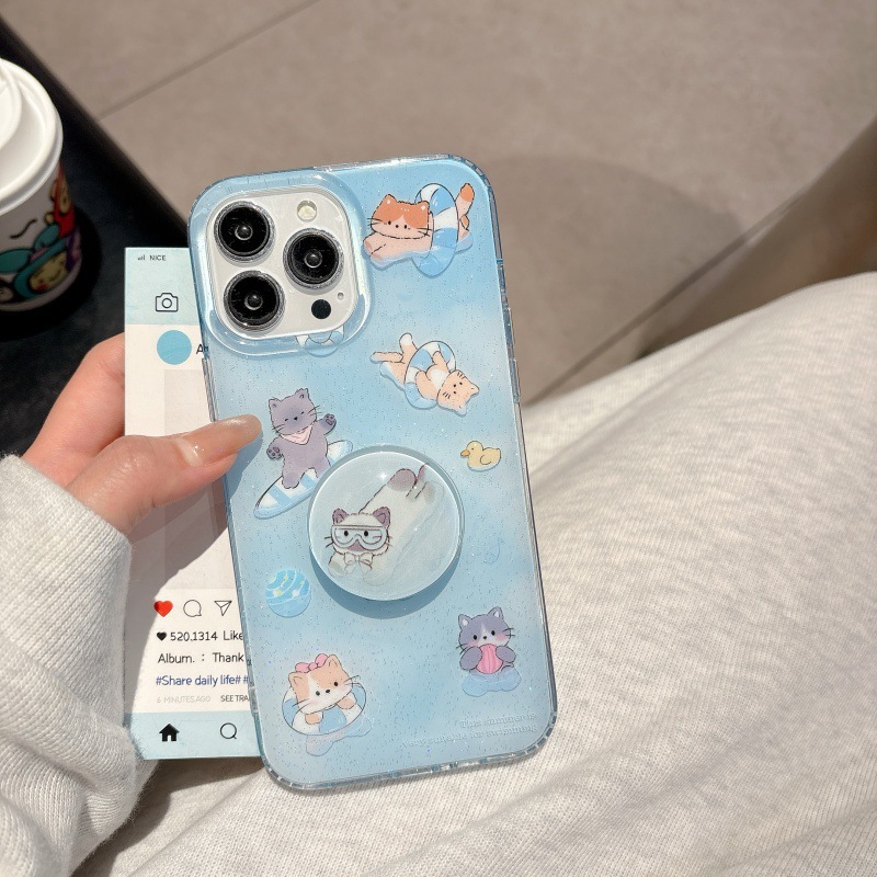 Verano pequeño gato nadador fresco para Apple 16ProMax funda para teléfono móvil 15Pro simple 14/13 nuevo 15