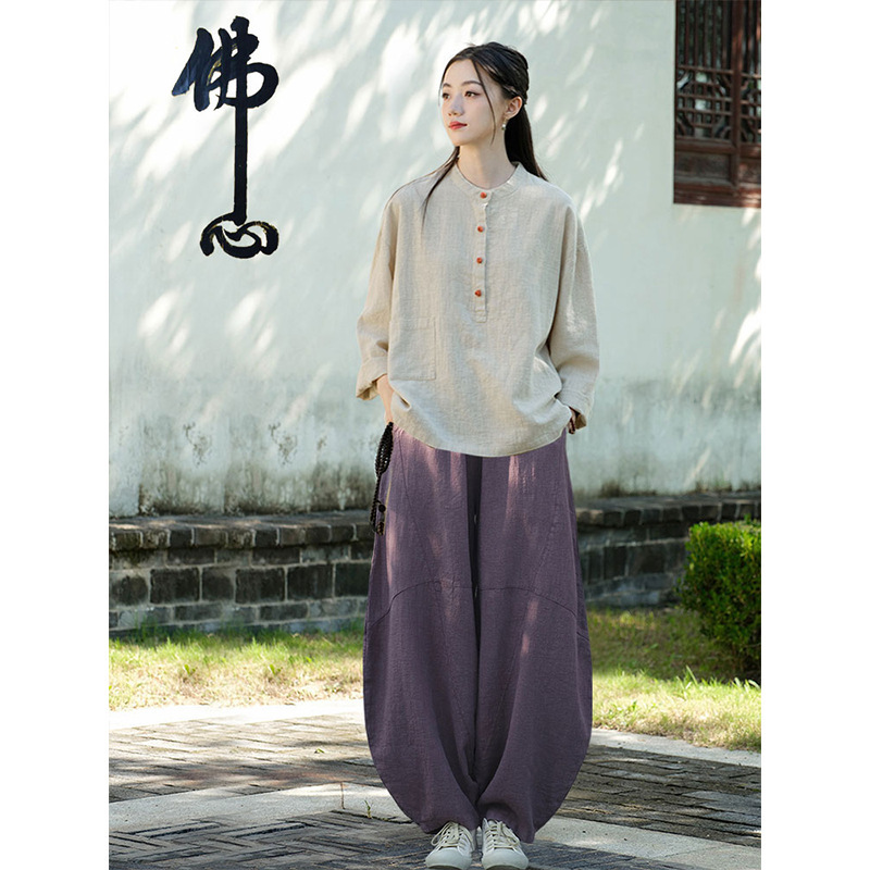 女性用在家服、中国風婦人服、綿麻ボタン付きトップス、禅服、中国風仏教禅無地スーツ|undefined