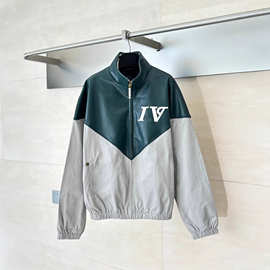 正确版本驴家25春秋新款灰绿撞色皮质拼接夹克休闲百搭宽松外套男