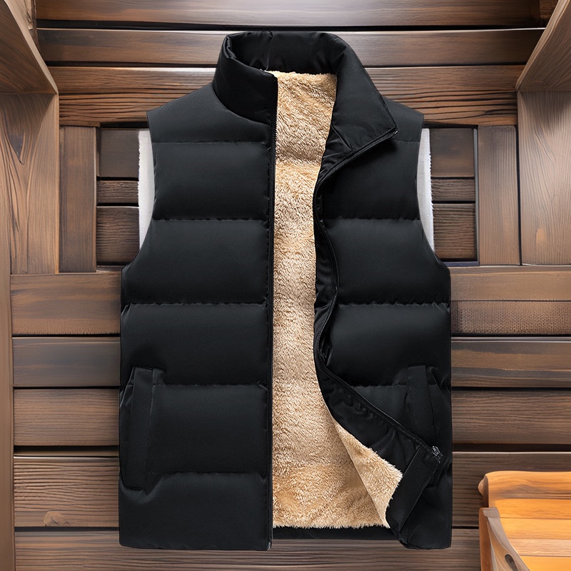 New Men's Vest, Korean Style, Stand-Up Collar, Large Size, Thickened, Cotton Vest, Fleece-Lined, Warm, down Cotton Inner Layer