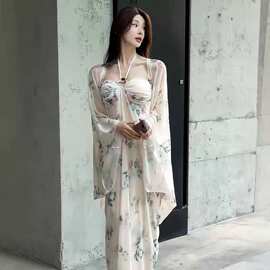 【两件套有胸垫】胸垫度假风挂脖网纱长款连衣裙性感裙春秋配披肩