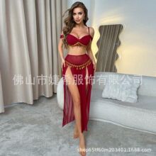 酒红异国风情情趣套装/流苏装饰/高开叉裙摆/性感露肩/非常优雅