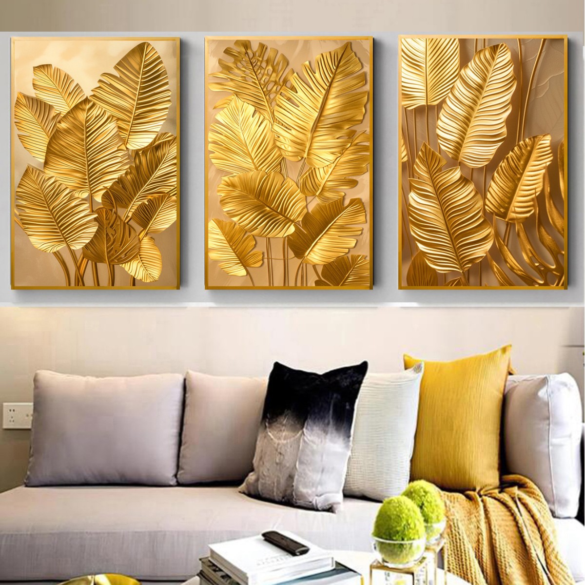 Golden Flower 3-Piece Canvas Wall Art Poster Floral Minimalist Style Canvas Oil Painting Wall Decoration Living Room Painting