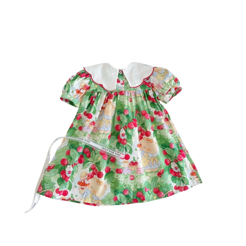 Vestido de siete niñas con limón salado, cuello de muñeca bordado de cereza, estilo de verano, manga corta, dulce falda de princesa para niños, vestido de bebé