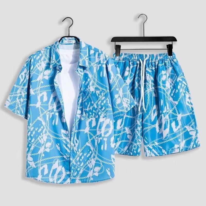 하와이 커플 비치 세트 남자 투피스 세트 반팔 꽃 셔츠 해변 캐주얼 세트 남자 반바지 빠른 건조 정리