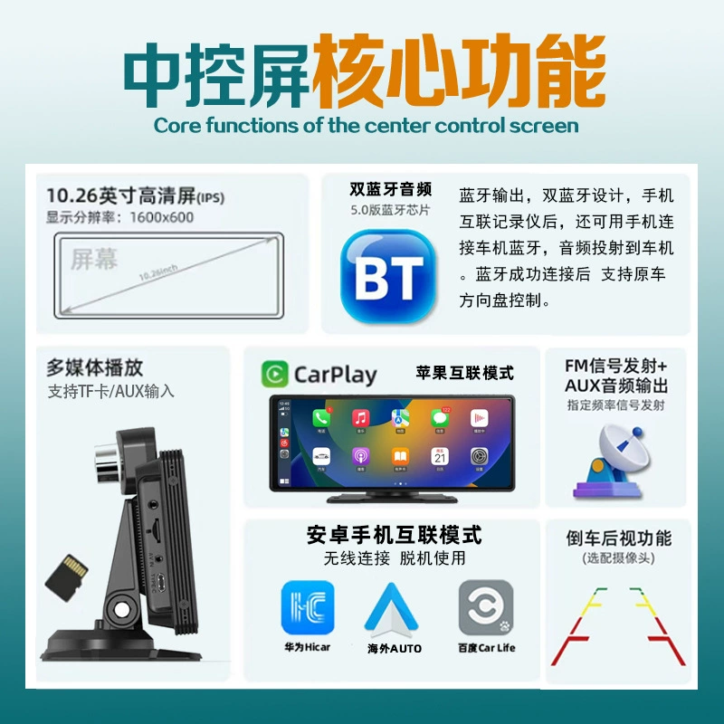 Беспроводной CarPlay Hicar — интеграция навигации с центральным управлением, умный экран, двойной список, запись поездок, камера заднего вида
