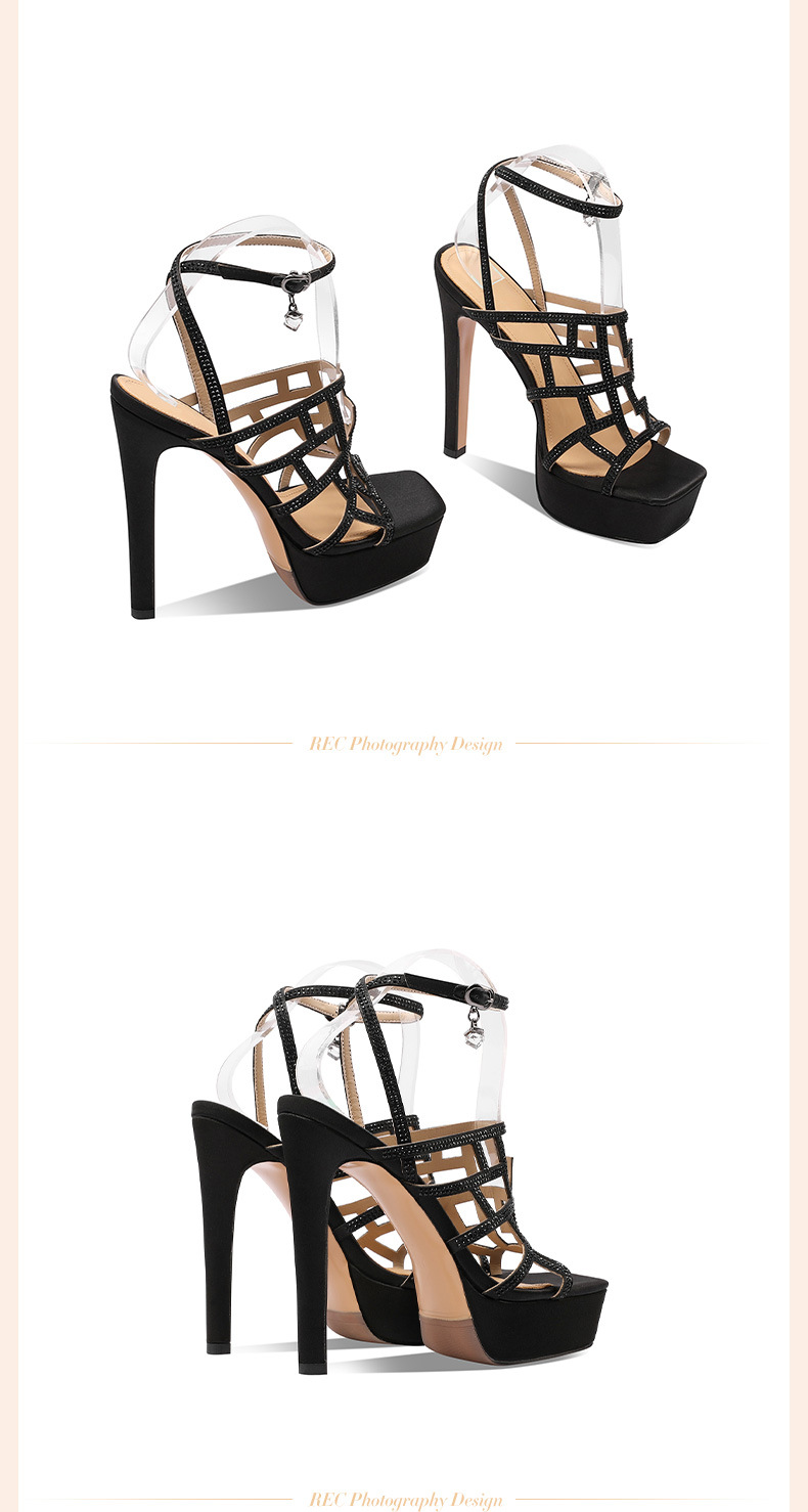 Sandal cao gót nữ hở mũi gót thô đính đá platform dây mảnh phong cách La Mã — Màu Sâm panh chi tiết 7