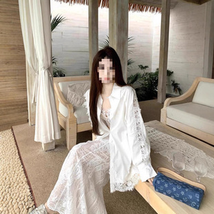 Korean Style Lace Stitching Long-sleeved Shirt with Sling White Fishtail Half-length Dress Women's Spring and Summer 2025 New Three-piece Set