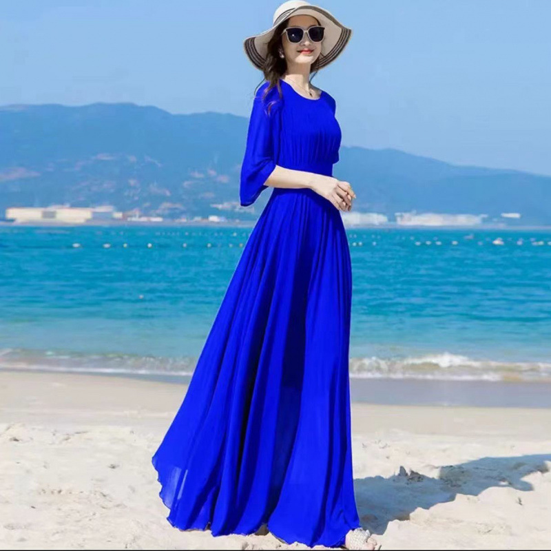 Summer Klein Blue Chiffon dress Women's Long to Ankle 2025 New Beach Super Long Purple Large Swing Skirt