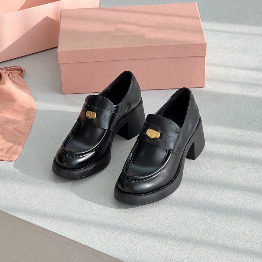 몸집이 작은 여성을 위한 봄 신상 금화 두꺼운 밑창 로퍼, 소가죽 라운드 토 두꺼운 굽 하이힐 슬립온 슈즈