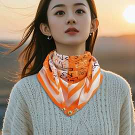 新款磁吸扣棉麻围巾女65*65方巾春秋冬洋气百搭小众暗扣护颈围脖