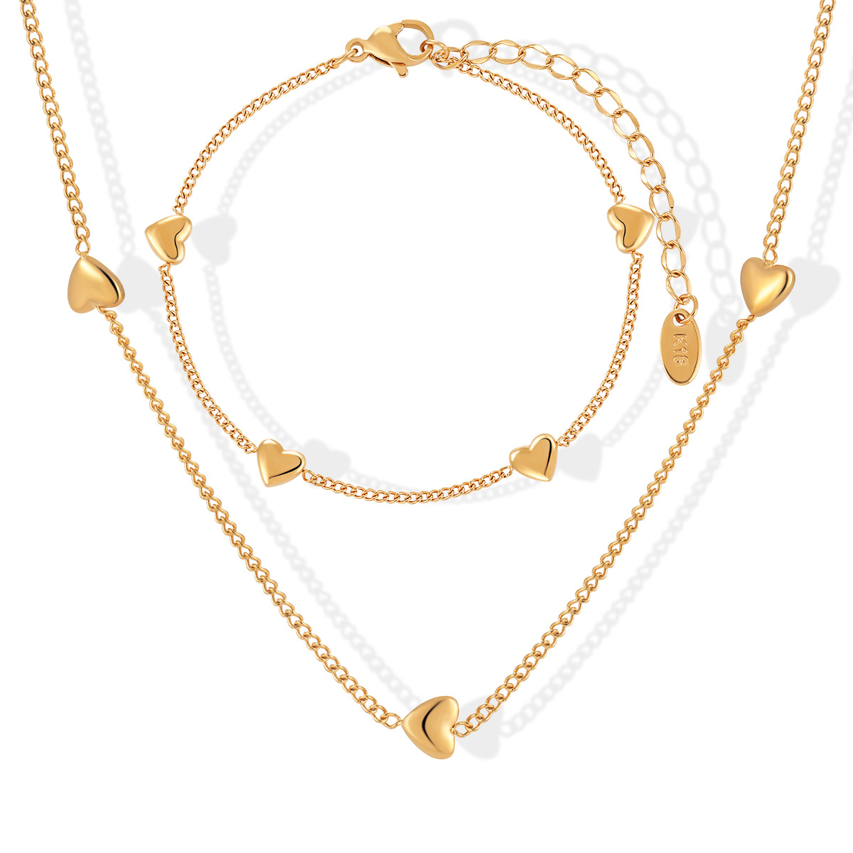 Cross-border wholesale of Korean sweet style heart-shaped necklaces, women's heart-shaped titanium steel bracelets, gold-plated niche jewelry sets
