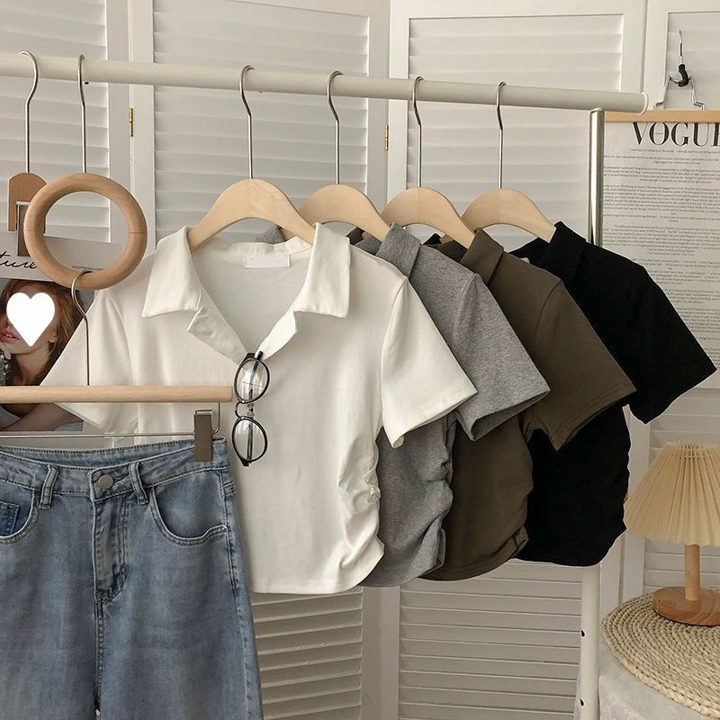 Топы новые складки с обеих сторон, отворот с открытой пупкой, короткая рубашка, женская летняя корейская версия, универсальный тонкая чехол для волос