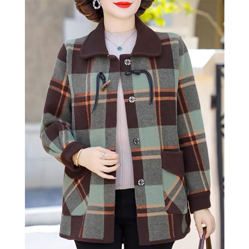媽媽秋裝時尚外搭毛呢外套女中老年女裝新款秋冬洋氣寬鬆格子大衣