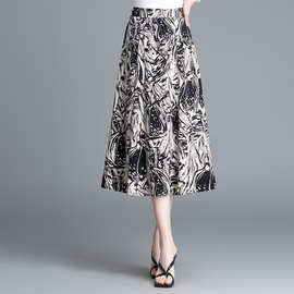 印花半身裙女夏季薄2024新款高腰a字裙中长款显瘦百褶遮胯伞裙子