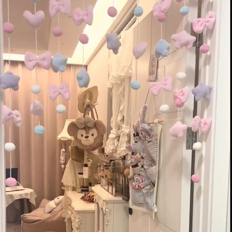 흔적 없는 후크가 달린 여성스러운 스트링 컬러 스타 도어 커튼