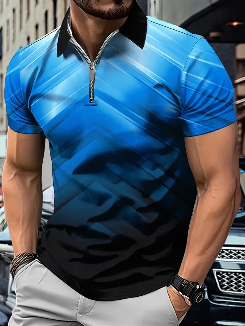 Tecnología de venta caliente halo de color degradado impresión 3D hombres calle alta todo-fósforo solapa hombro ancho ancho cremallera suelta camisa POLO