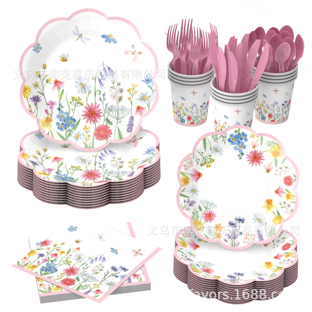 Amazonas primavera flor silvestre flor tema bandeja de papel desechable tazas de papel toallas set de cubiertos decoración de fiesta de cumpleaños