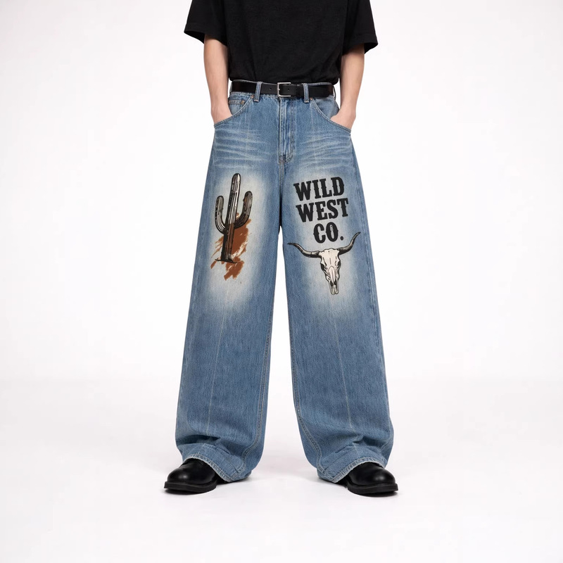 American Street Style Y2K Western Cowboy Wide-Leg Jeans with Cactus and Bull Head Print, Vintage Look Long Pants