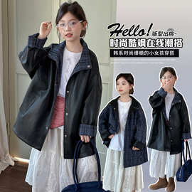 女大童皮衣儿童中长款秋装外套2025新款洋气女孩韩版双面格子外套