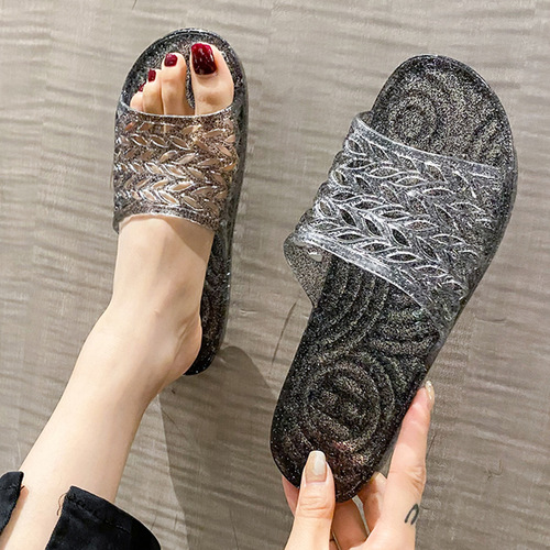 Slip-resistant cool sandals crystal fashionable summer women's viral outerwear transparent one-piece flat versatile beach match dress