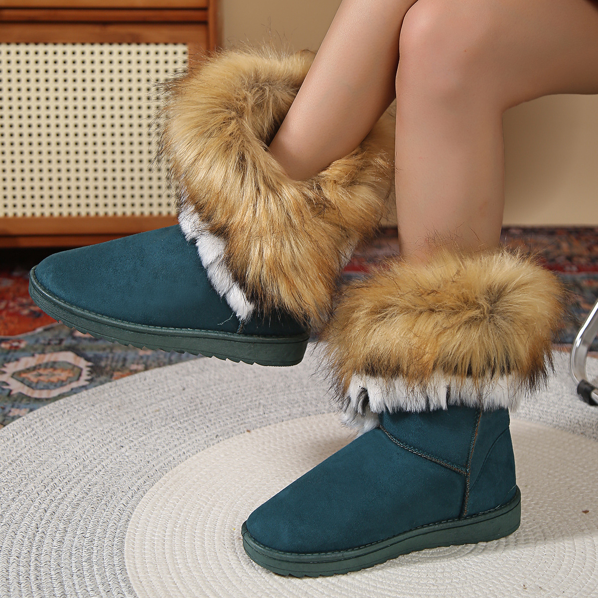 New round toe flat wool and fleece warm cotton boots_voghion.com