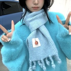 围巾女羊毛针织粗毛线学生冬季蓝色辫子流苏短小围脖男保暖ins潮