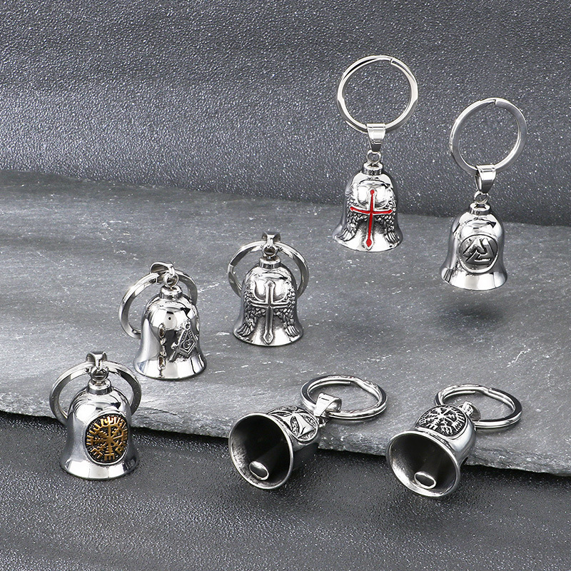 Qixiang Jewelry Personalized Bell Keychain Niche Design Viking Symbol Cross Angel Wings Key Pendant