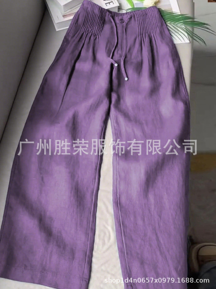 现货新款跨境外贸欧美女装时尚气质休闲纯色百搭抽绳纽扣直筒长裤
