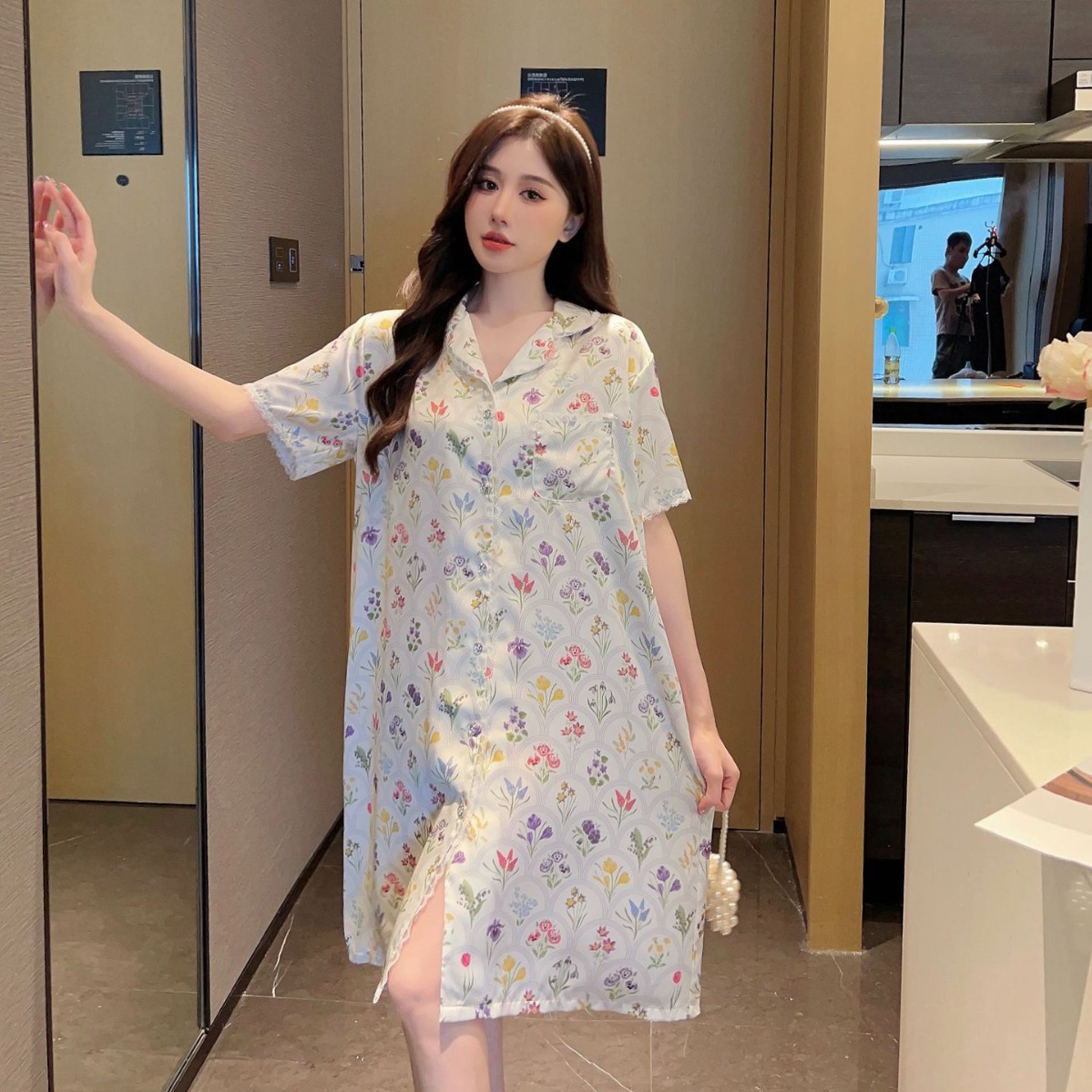 (2개) 모넬 아이스 실크 잠옷 결합 된 짧은 소매 나이트 드레스 자카드 레오파드 파자마 섹시한 셔츠 홈웨어 공장 상점
