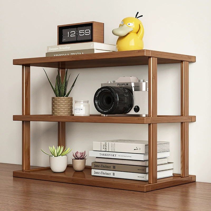 Desktop storage rack, multi-layer tabletop organizer, wooden finish, 2–4 tiers, 25/48/67 cm