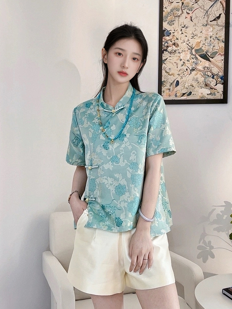 Áo sơ mi ngắn tay phong cách Trung Hoa mới, thiết kế mùa hè sang trọng M7008 — Màu hồng nhạt, Màu xanh lá, Màu vàng