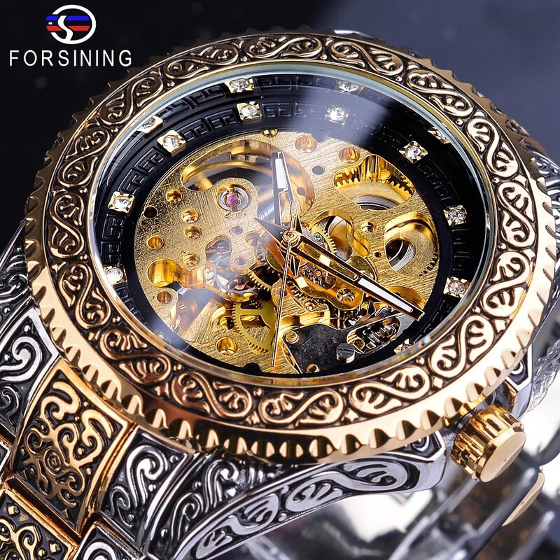 Forsining Men's Automatic Mechanical Watch Retro Carved Hollow Transparent Steel Band Men's Waterproof Mechanical Watch