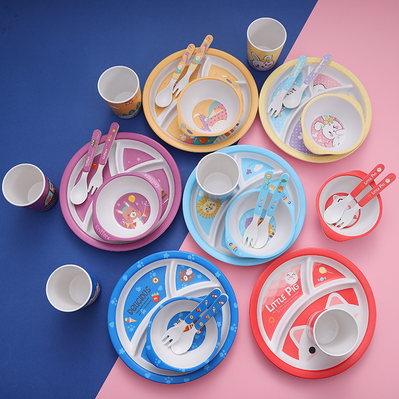 Cartoon Bamboo Fiber Children's Tableware 5-piece Set Three-compartment Round Baby Food Bowl Dinner Plate Mother and Baby Tableware Gift