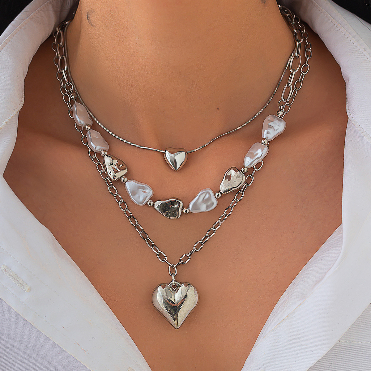 Layered Heart Pendant Necklace With Imitation Pearls Elegant_voghion.com