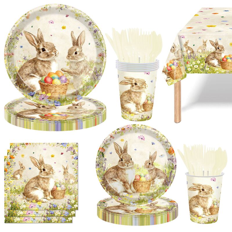 Easter Bunny Theme Party Spring Resurrection Decoration Tablecloth Picnic Disposable Tablecloth Paper Plate Tableware Supplies