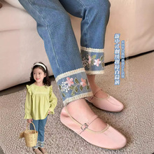 女童裤子2024春季新款新中式国风蕾丝牛仔裤洋气时尚儿童休闲长裤