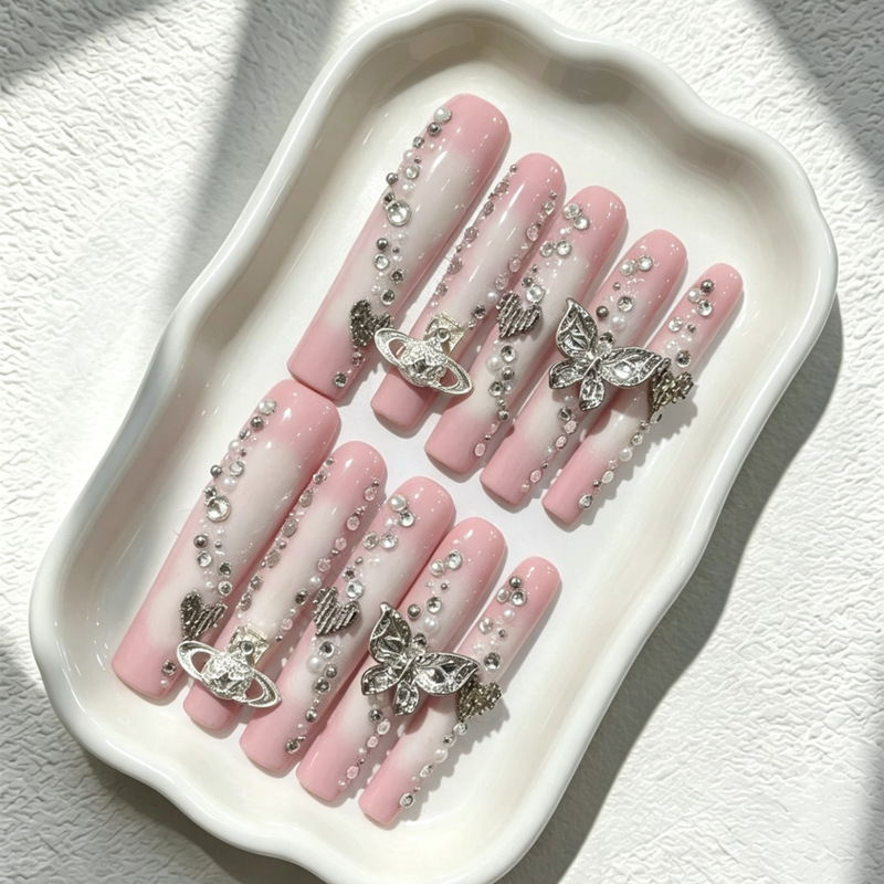 【Zhanjia 39-C047】European and American Style Extra-Long Pink Nail Tips, Personalized and Exaggerated Handmade Nails for a Spicy Look