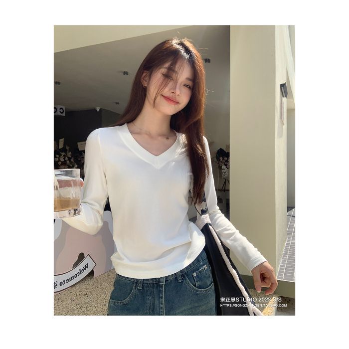 V领白色长袖t恤女秋季新款内搭修身显瘦正肩打底衫上衣|undefined
