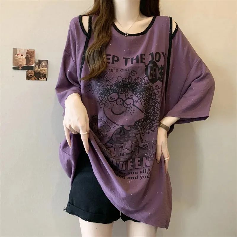 Camiseta de manga corta de longitud media sin tirantes de gran tamaño para mujer verano nuevo estilo suelto y delgado diseño elegante brillante top image 4