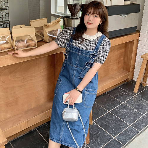 Shuangtian  new summer Korean style women's plus size fat girl denim three-dimensional decorative small flower suspender skirt S013