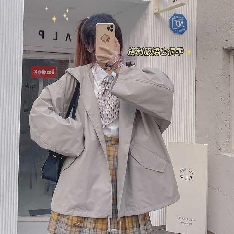 连帽风衣黑色外套女新款秋季女防晒宽松显瘦百搭原宿风|undefined