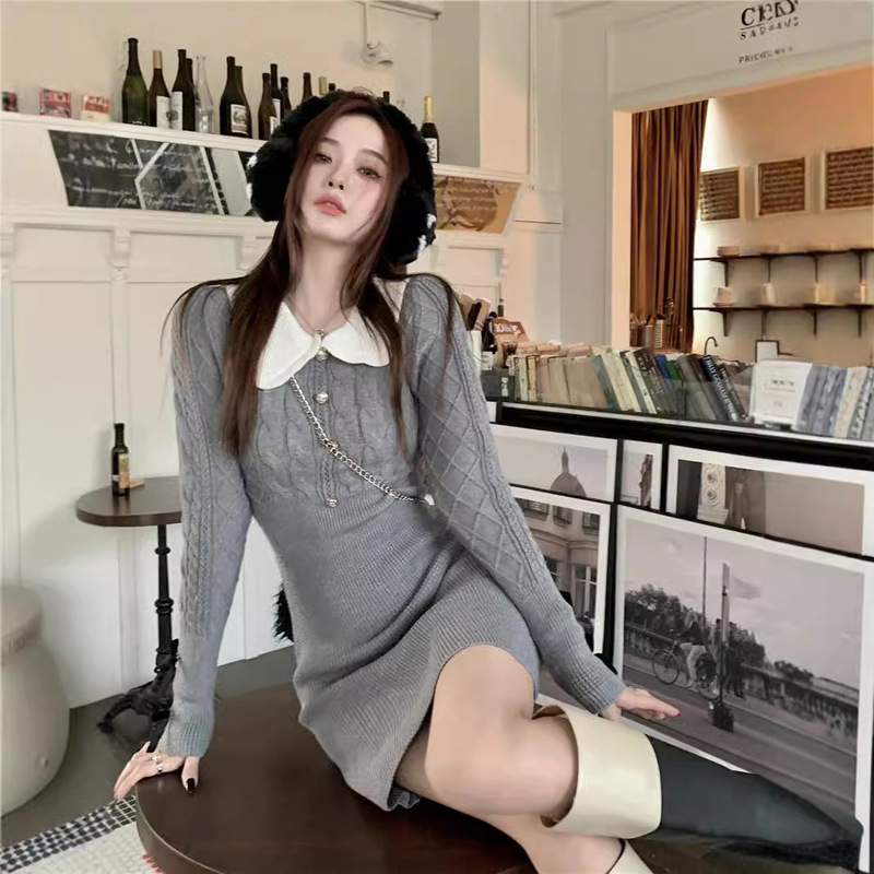 Sweet and Spicy Sweater dress Women Autumn and Winter New Waist Spice Girl Knitted Hip Skirt Short Skirt Gray Skirt
